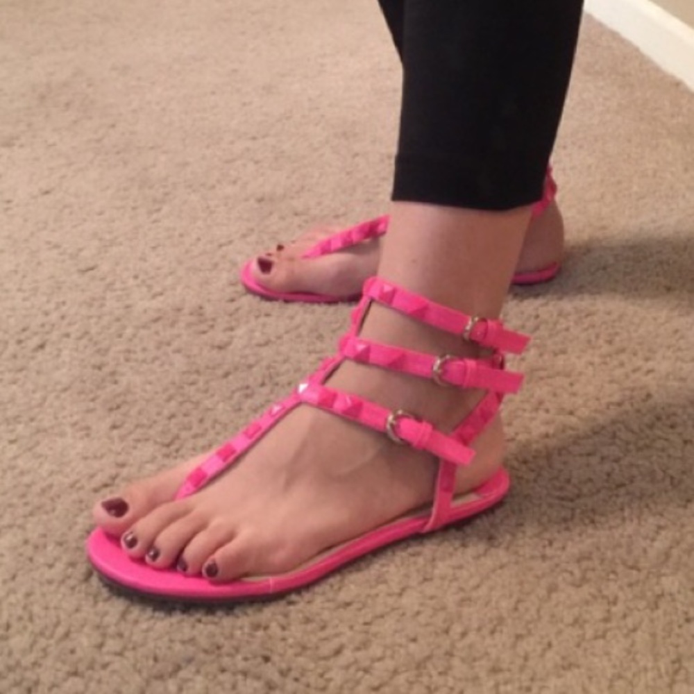 Neon pink studded strappy sandals